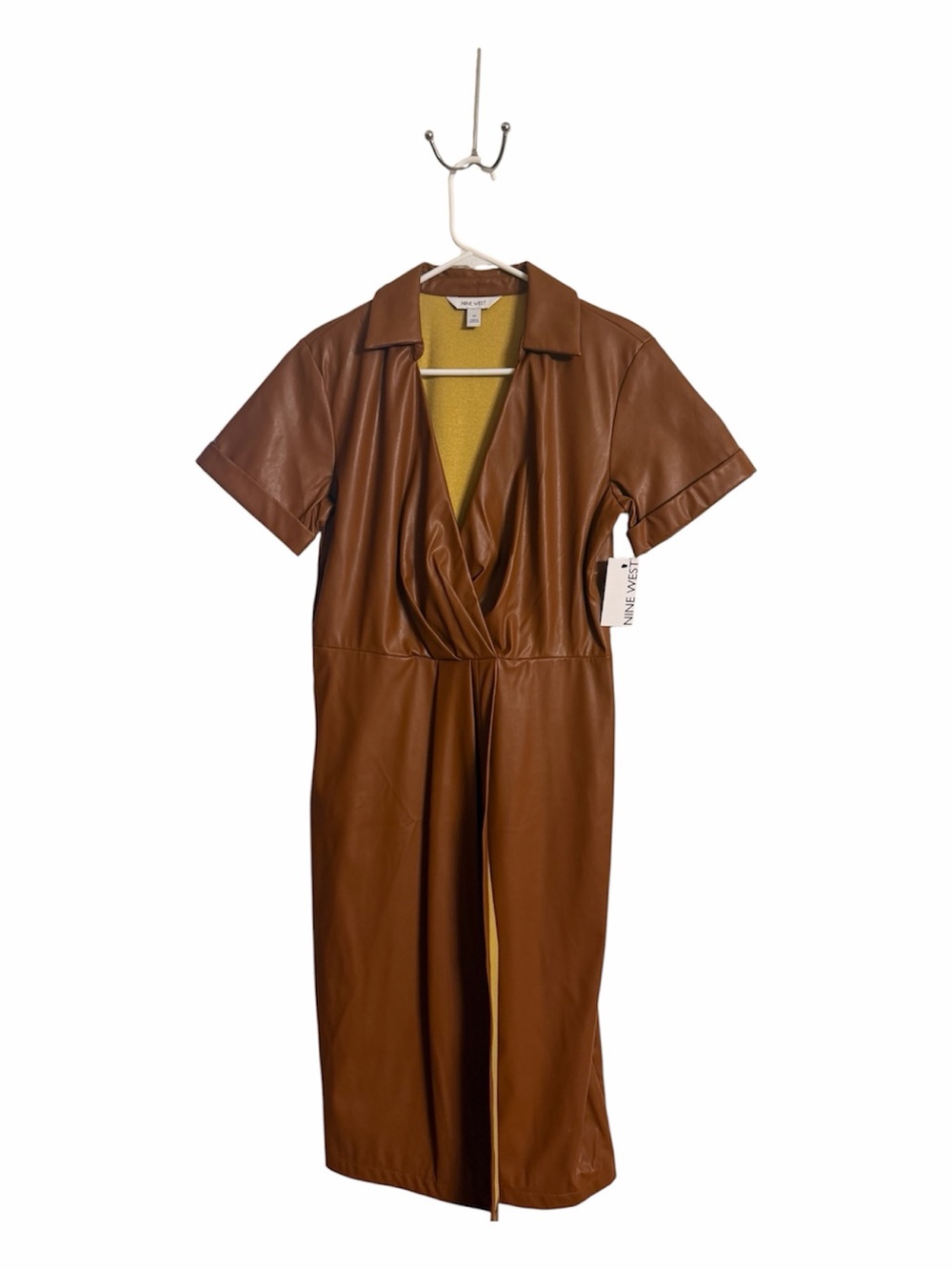 Nine West Maple Brown Faux Leather Short-Sleeve Midi Dress Size M NWT